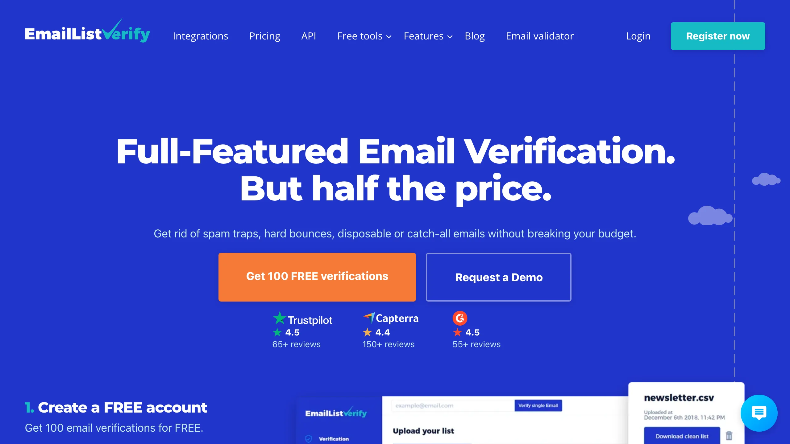 EmailListVerify homepage showing bulk verification