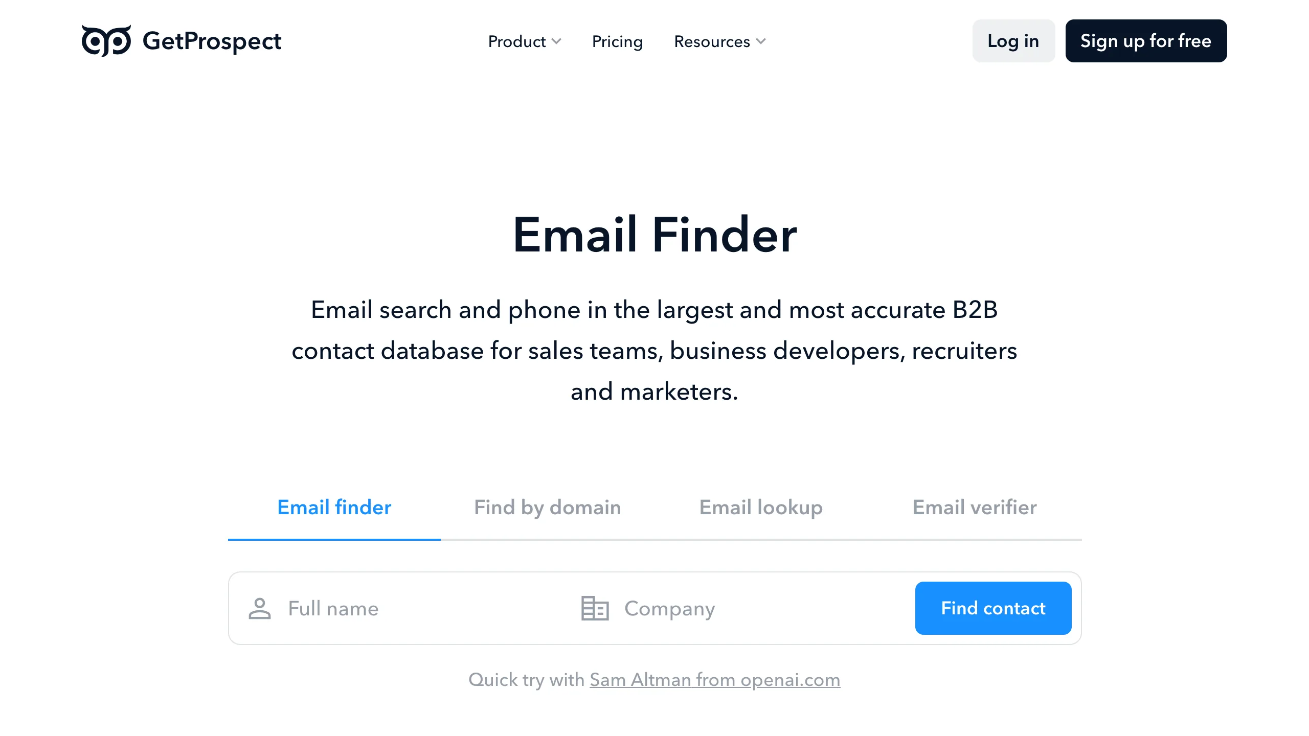GetProspect homepage showing the email finder