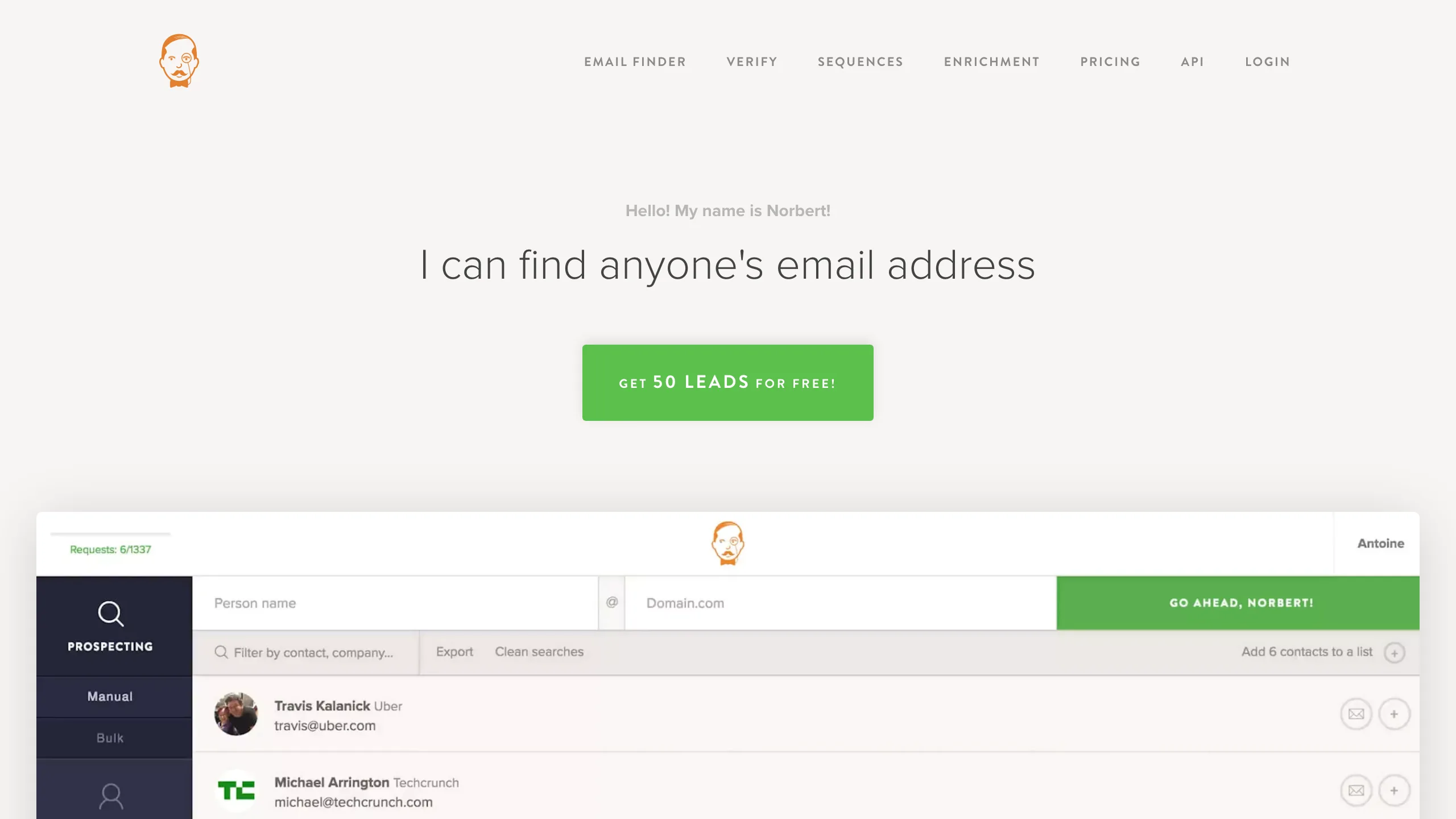 Voila Norbert homepage showing the email finder
