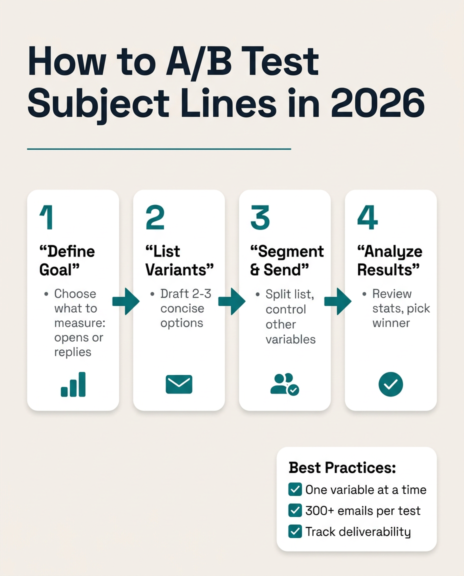 How to A/B Test Subject Lines in 2026: 4-step process from Define Goal to Analyze Results